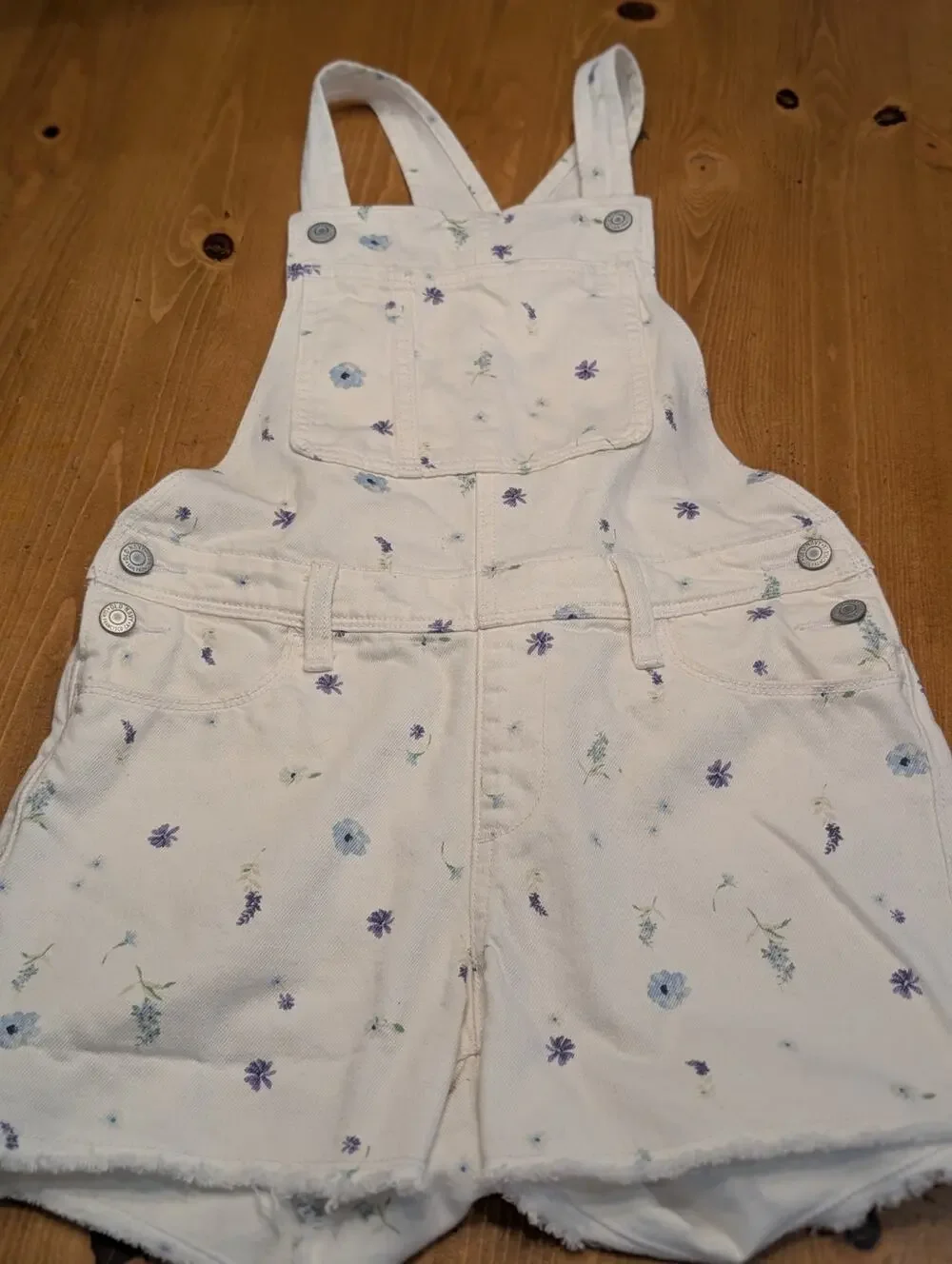 Old Navy Denim Short Overalls, White, Blue Flowers, NWOT, Girl's XL 14/16